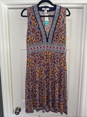 Wisp Mustard Paisley V-Neck Mini Dress with Navy Trim
